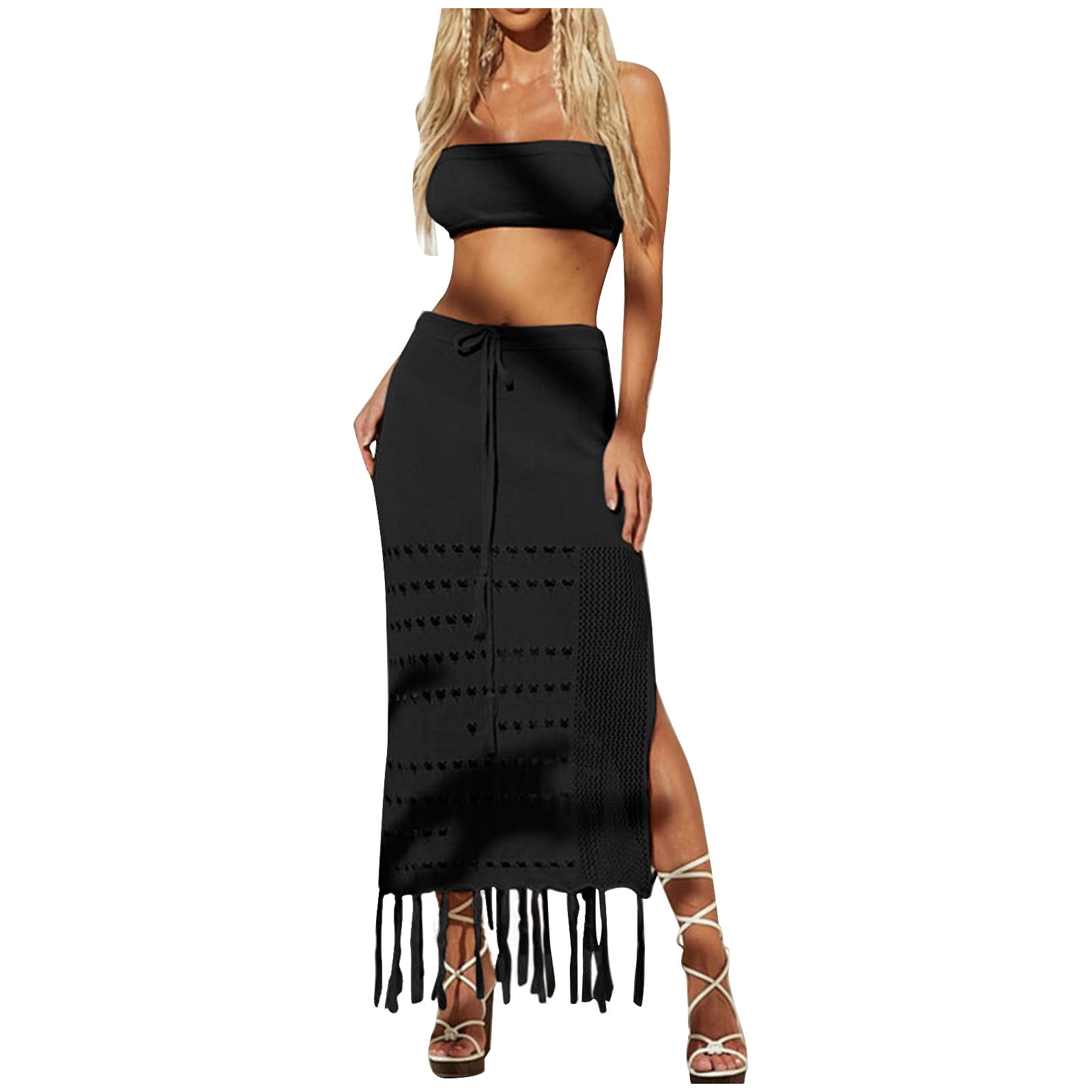 Amazon.com: XENIS Women's 2 Piece Summer Textured Crop Tube Top & Pencil  Skirt Set Sexy Midi Long Skirt for Beach : Clothing, Shoes & Jewelry
